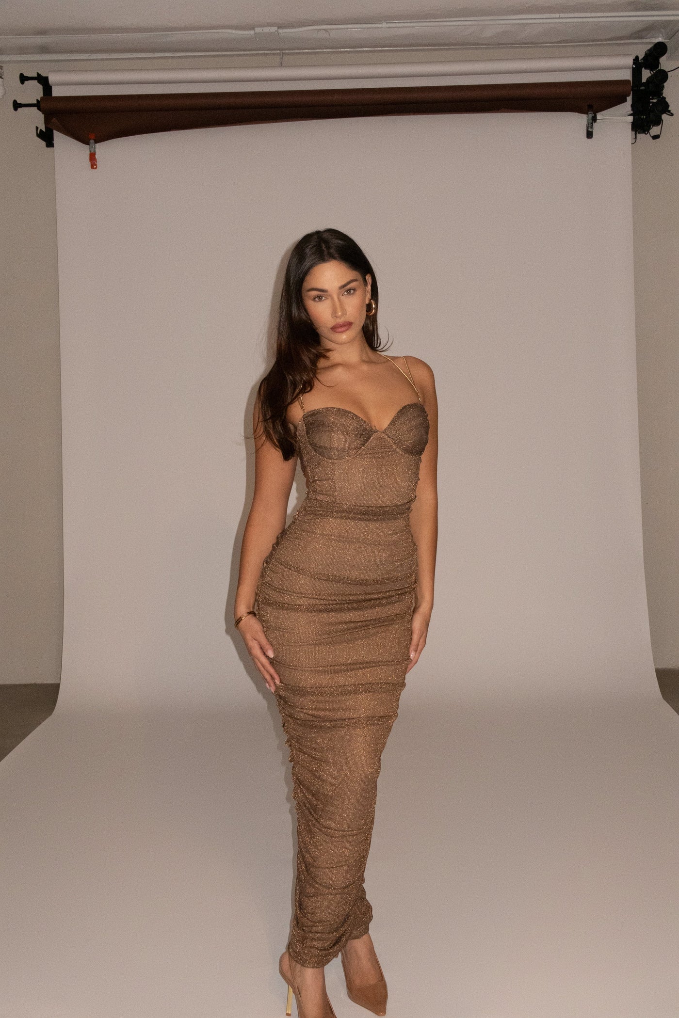 Bronze Ruched Metallic Maxi Dress - VELIA