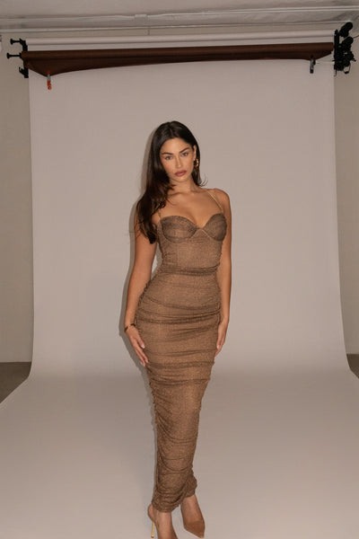 Bronze Ruched Metallic Maxi Dress - VELIA