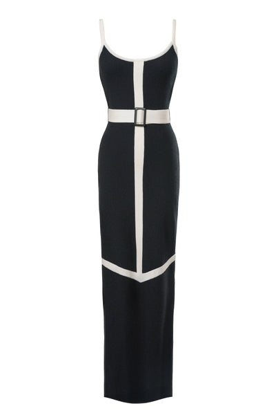 Black/Ivory Belted Cami Maxi Dress - Velia