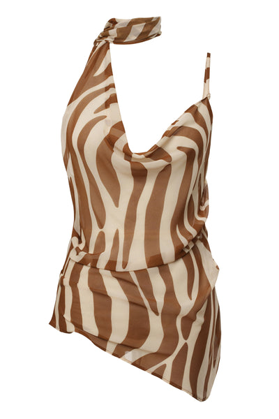 Brown Mave Print Halter Top - Velia