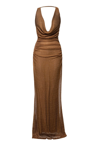 Bronze Charmed Metallic Drape Dress - VELIA