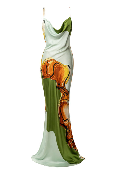 Green Tropical Print Golden Touch Satin Dress - VELIA