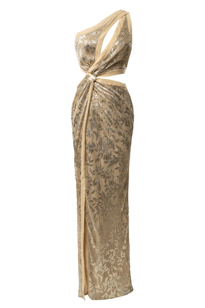 Gold One Shoulder Keyhole Dress - VELIA