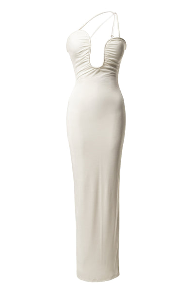 White Eclipse Plunge Neck Dress - VELIA