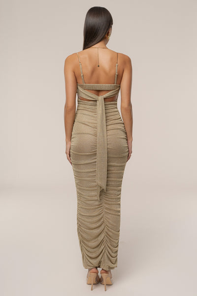 Gold Ruched Metallic Maxi Dress - VELIA