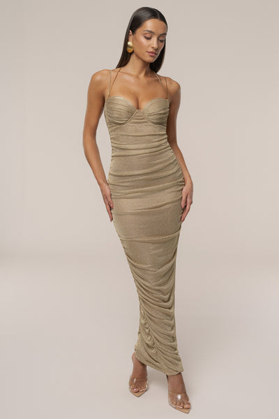 Gold Ruched Metallic Maxi Dress - VELIA