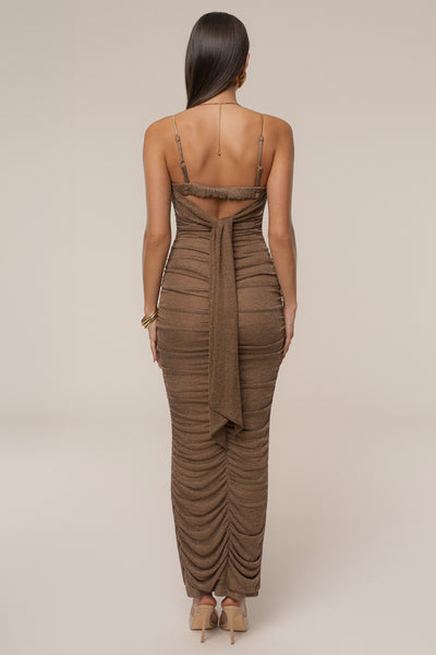 Bronze Ruched Metallic Maxi Dress - VELIA