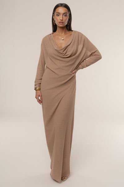 Tan Savanna Cowl Maxi Dress - Velia