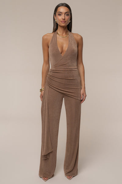 Beige Rustic Charm Halter Jumpsuit - Velia