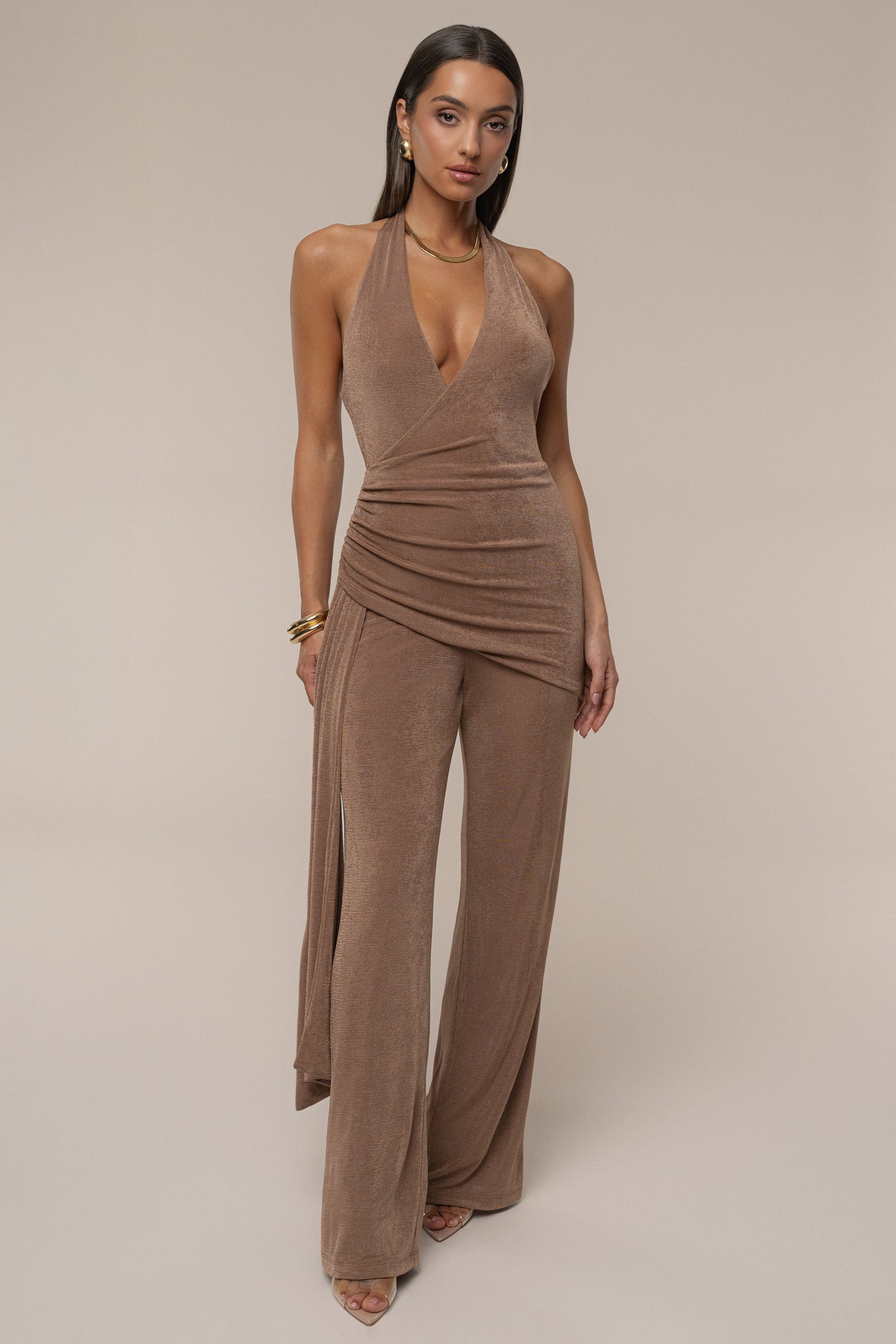 Beige Rustic Charm Halter Jumpsuit - Velia
