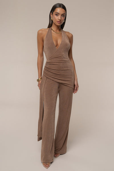 Beige Rustic Charm Halter Jumpsuit - Velia