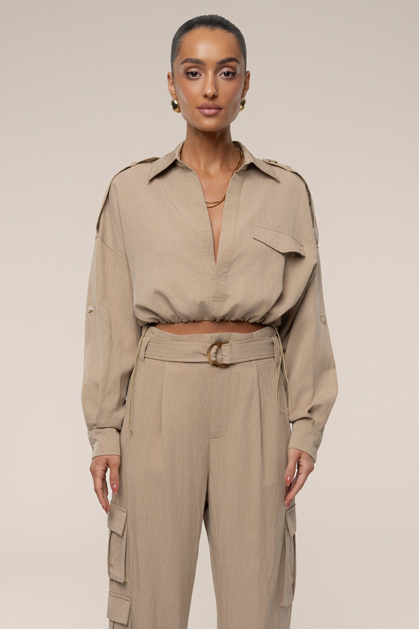 Tan Oasis Collared Crop Top - Velia