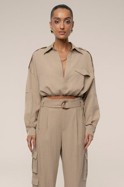 Tan Oasis Collared Crop Top - Velia