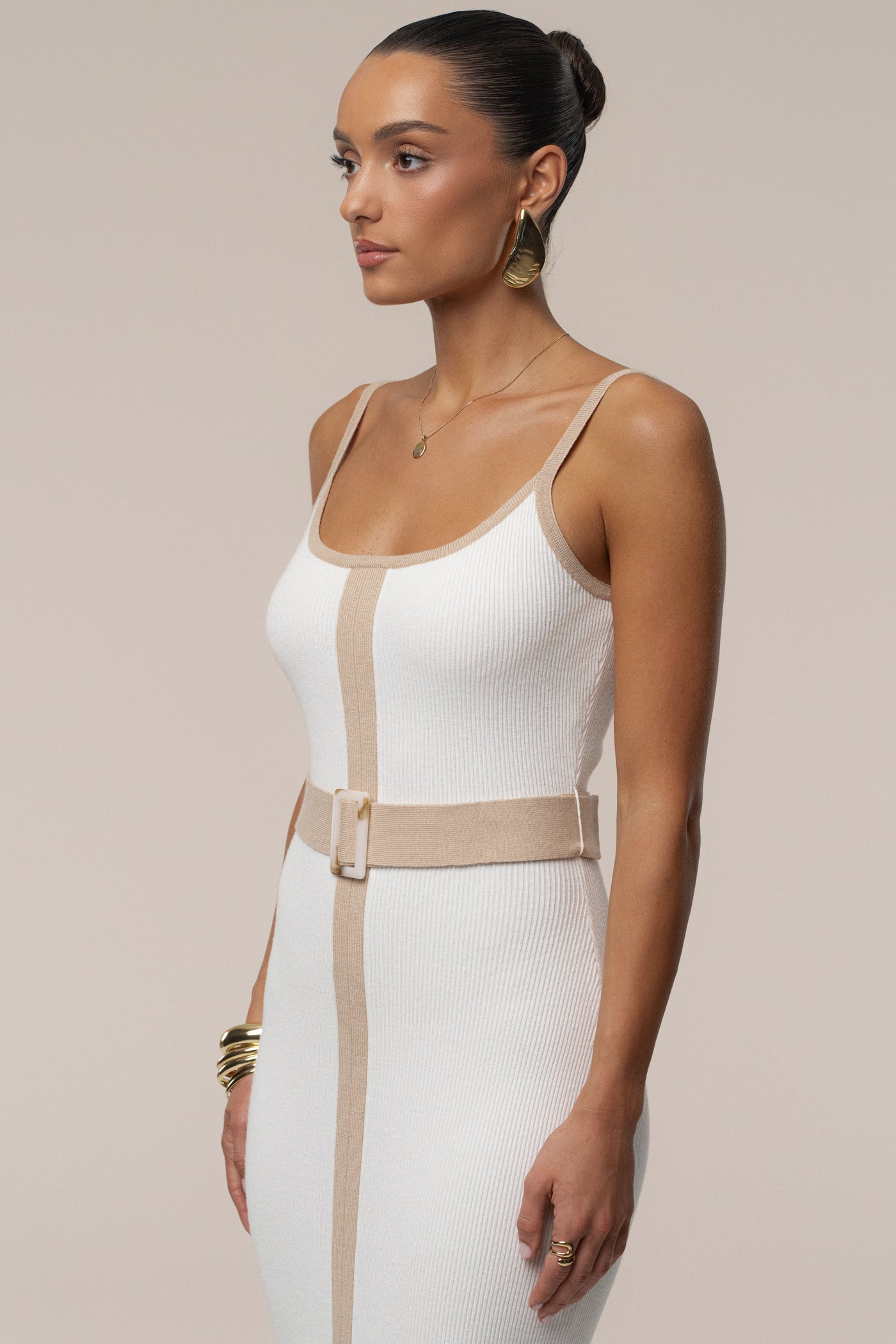 Ivory/Beige Belted Cami Maxi Dress - Velia