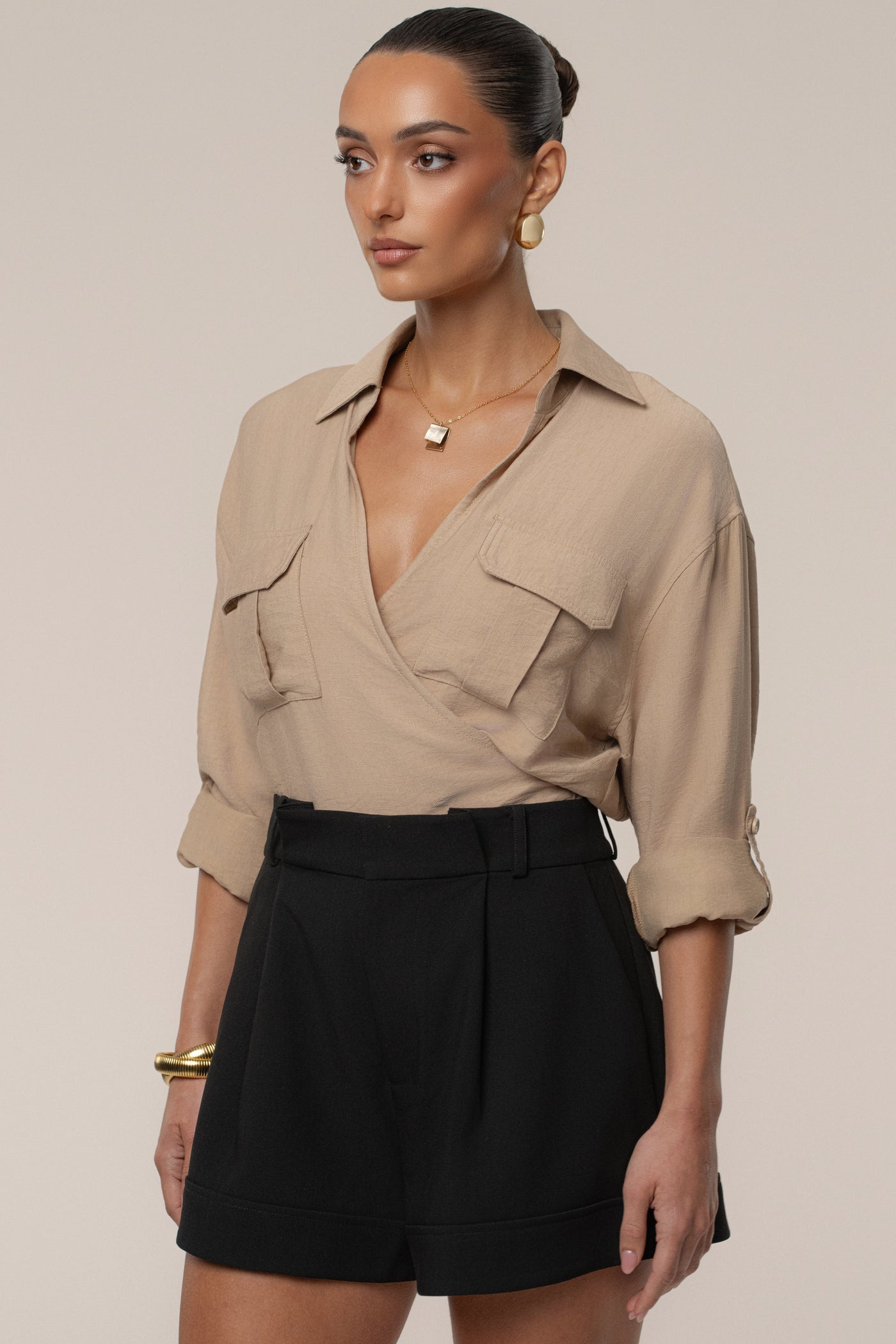 Tan Drift Collared Cargo Top - Velia