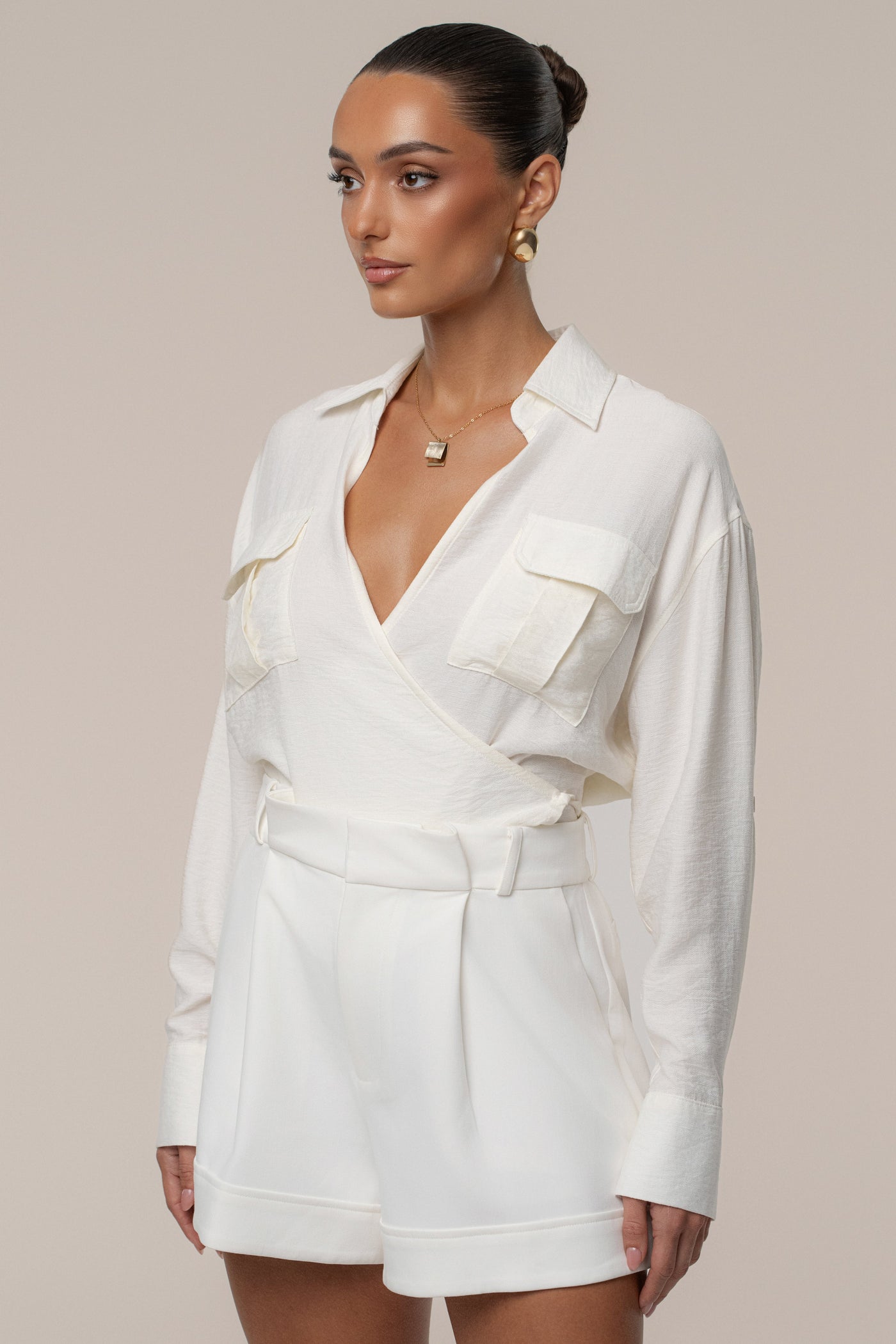 Ivory Drift Collared Cargo Top - Velia