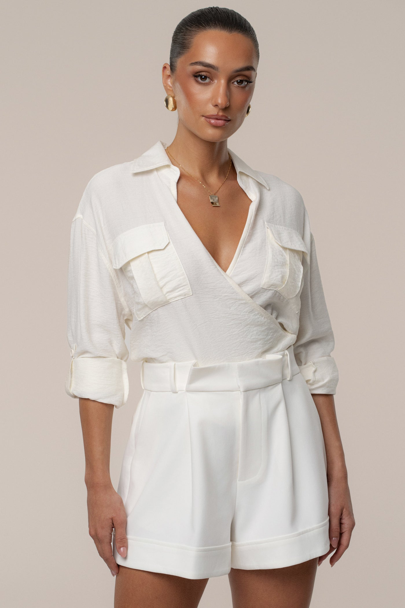Ivory Drift Collared Cargo Top - Velia
