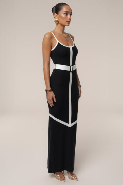 Black/Ivory Belted Cami Maxi Dress - Velia