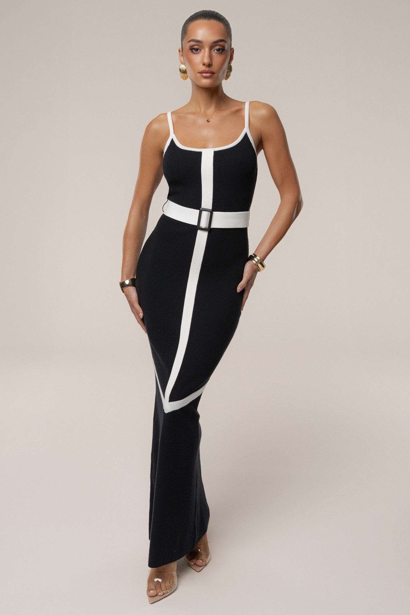 Black/Ivory Belted Cami Maxi Dress - Velia