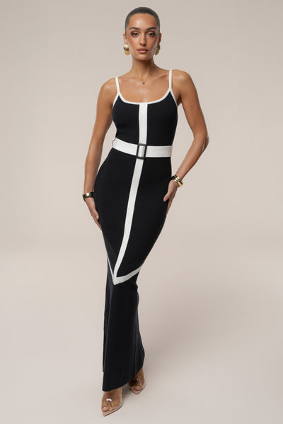 Black/Ivory Belted Cami Maxi Dress - Velia