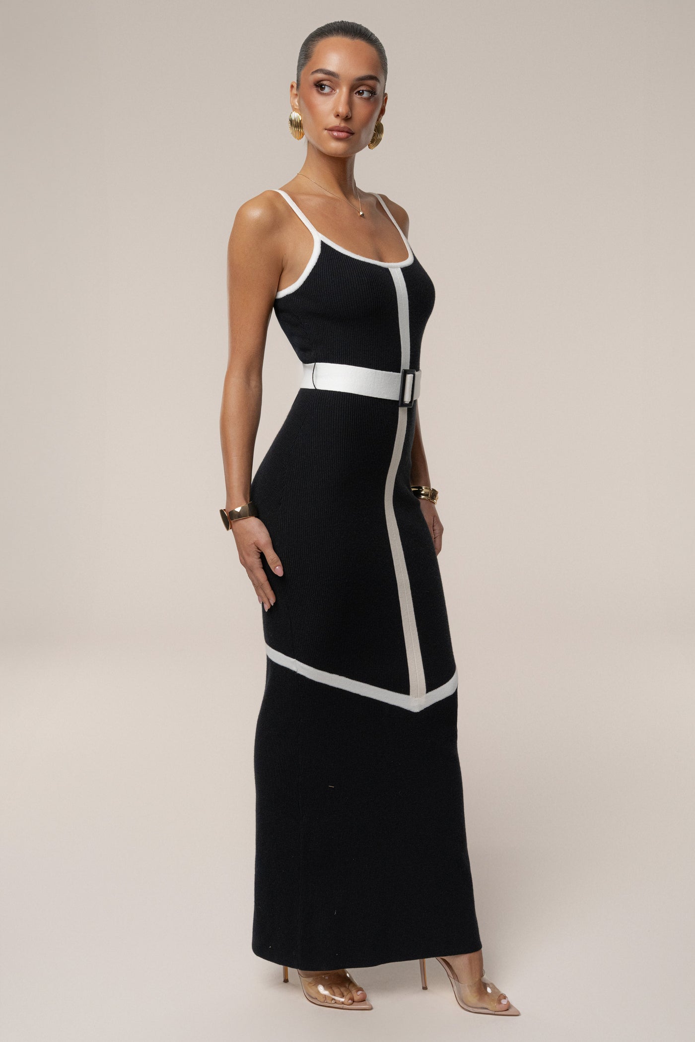Black/Ivory Belted Cami Maxi Dress - Velia