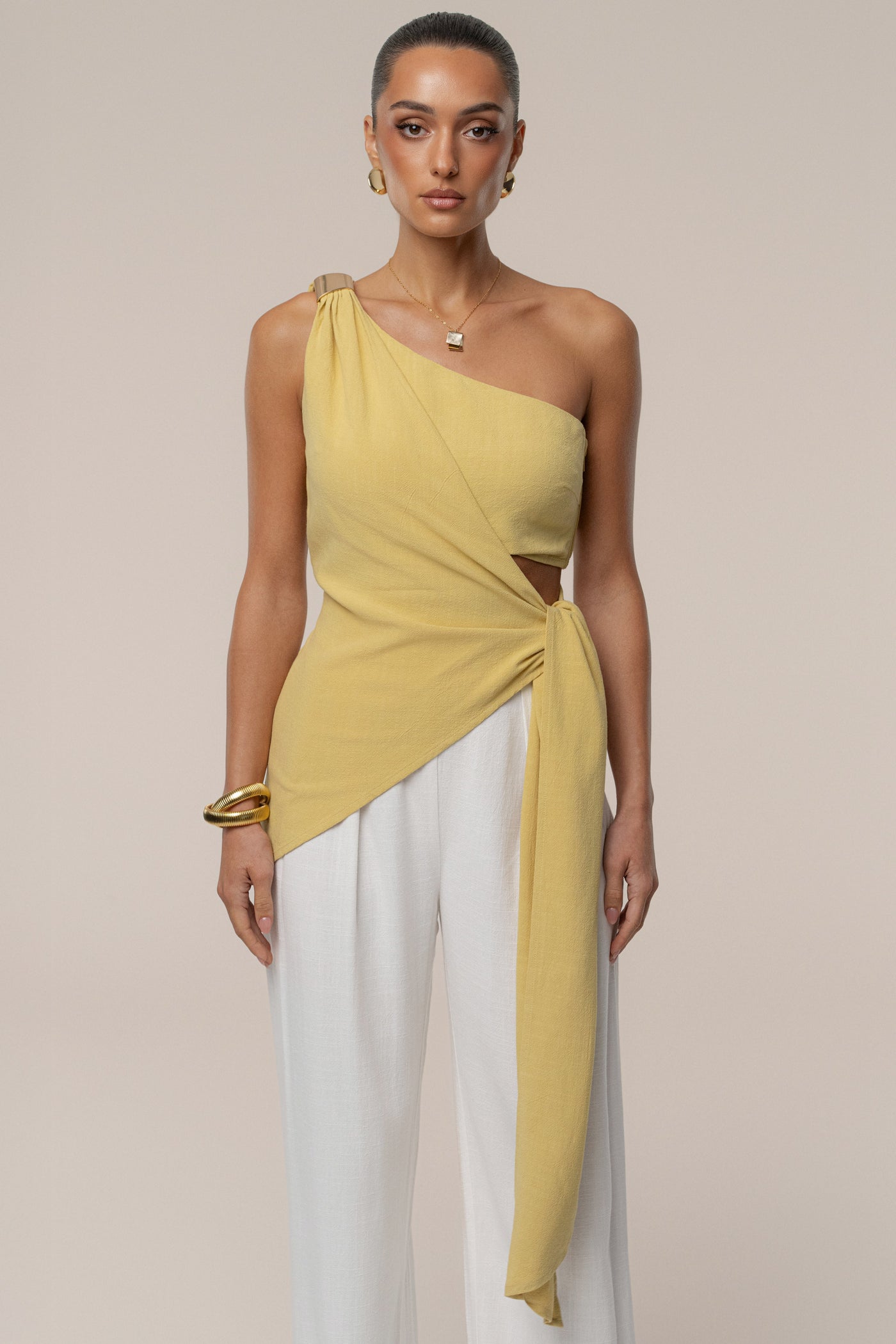 Yellow Palmera One Shoulder Top - Velia