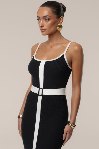 Black/Ivory Belted Cami Maxi Dress - Velia