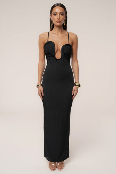 Black Eclipse Plunge Neck Dress - VELIA