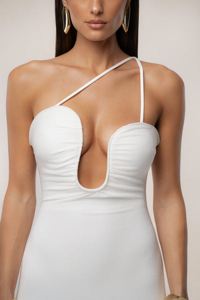 White Eclipse Plunge Neck Dress - VELIA