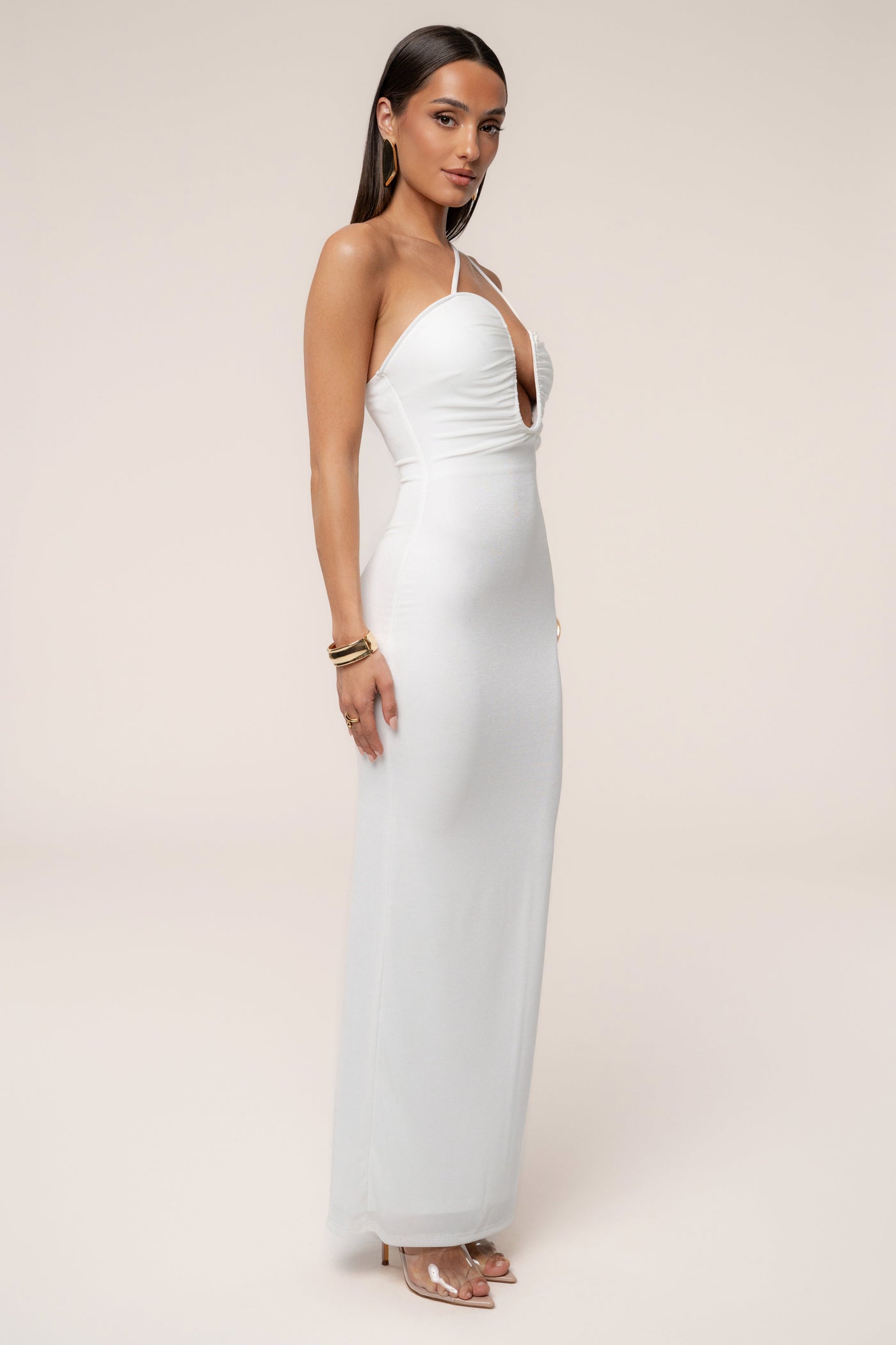 White Eclipse Plunge Neck Dress - VELIA