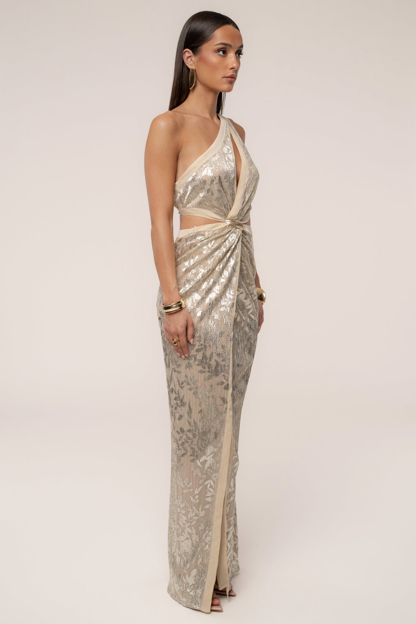 Gold One Shoulder Keyhole Dress - VELIA