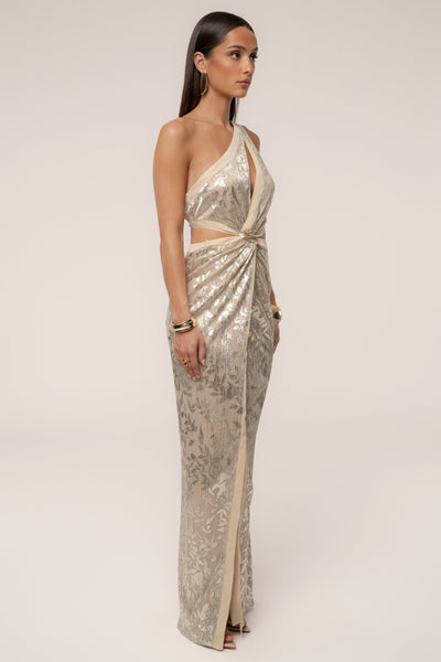 Gold One Shoulder Keyhole Dress - VELIA