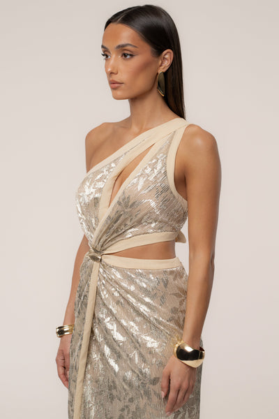 Gold One Shoulder Keyhole Dress - VELIA