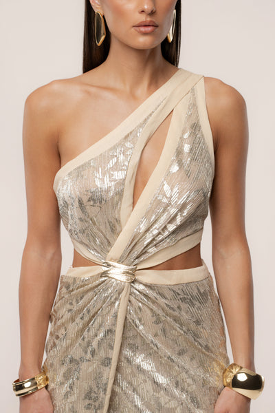 Gold One Shoulder Keyhole Dress - VELIA