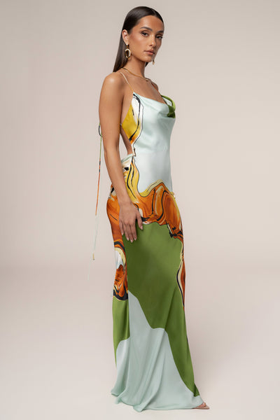 Green Tropical Print Golden Touch Satin Dress - VELIA