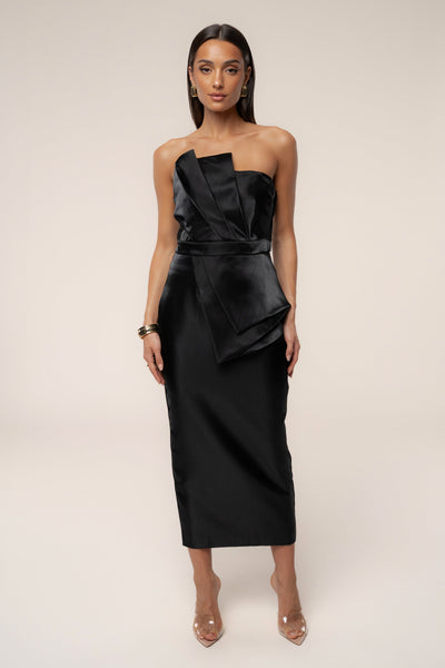 Black Reception Pleated Midi Skirt - VELIA