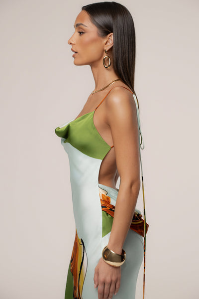 Green Tropical Print Golden Touch Satin Dress - VELIA