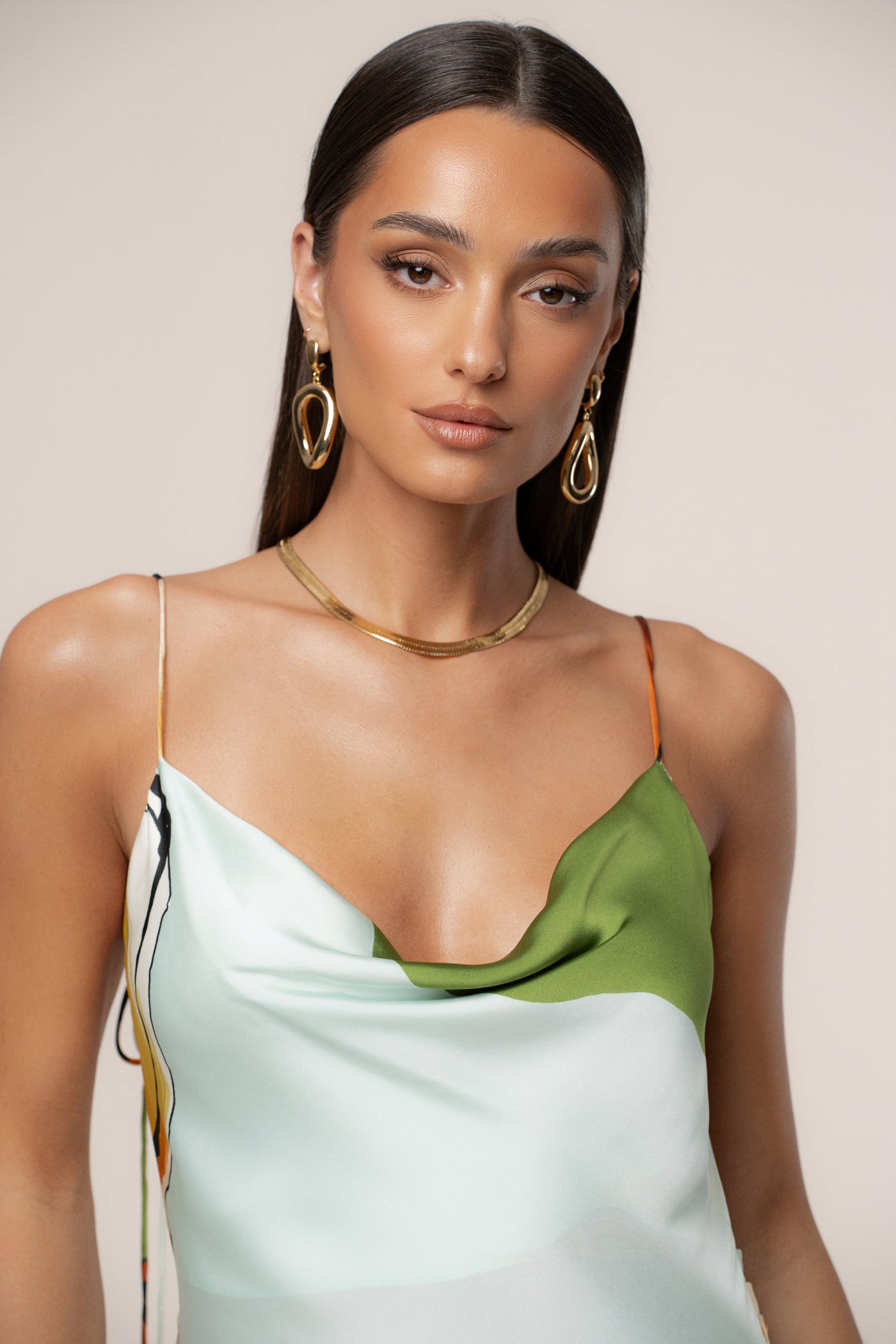 Green Tropical Print Golden Touch Satin Dress - VELIA