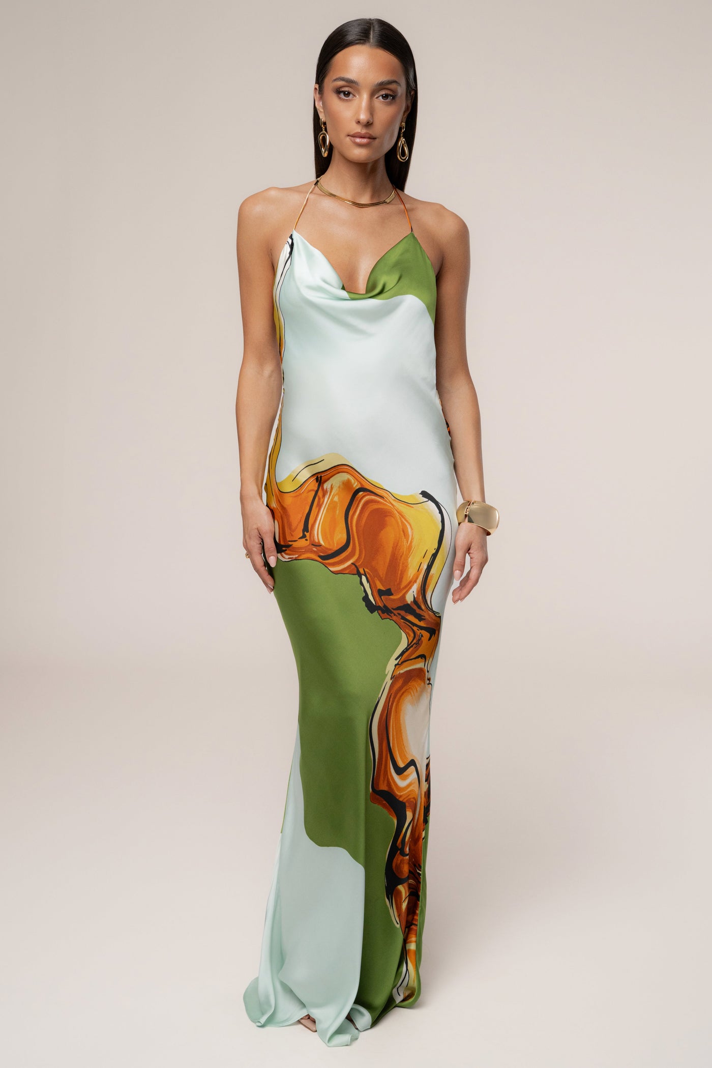 Green Tropical Print Golden Touch Satin Dress - VELIA