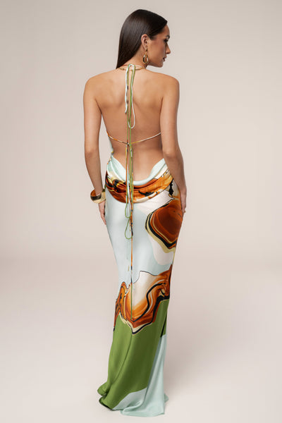 Green Tropical Print Golden Touch Satin Dress - VELIA