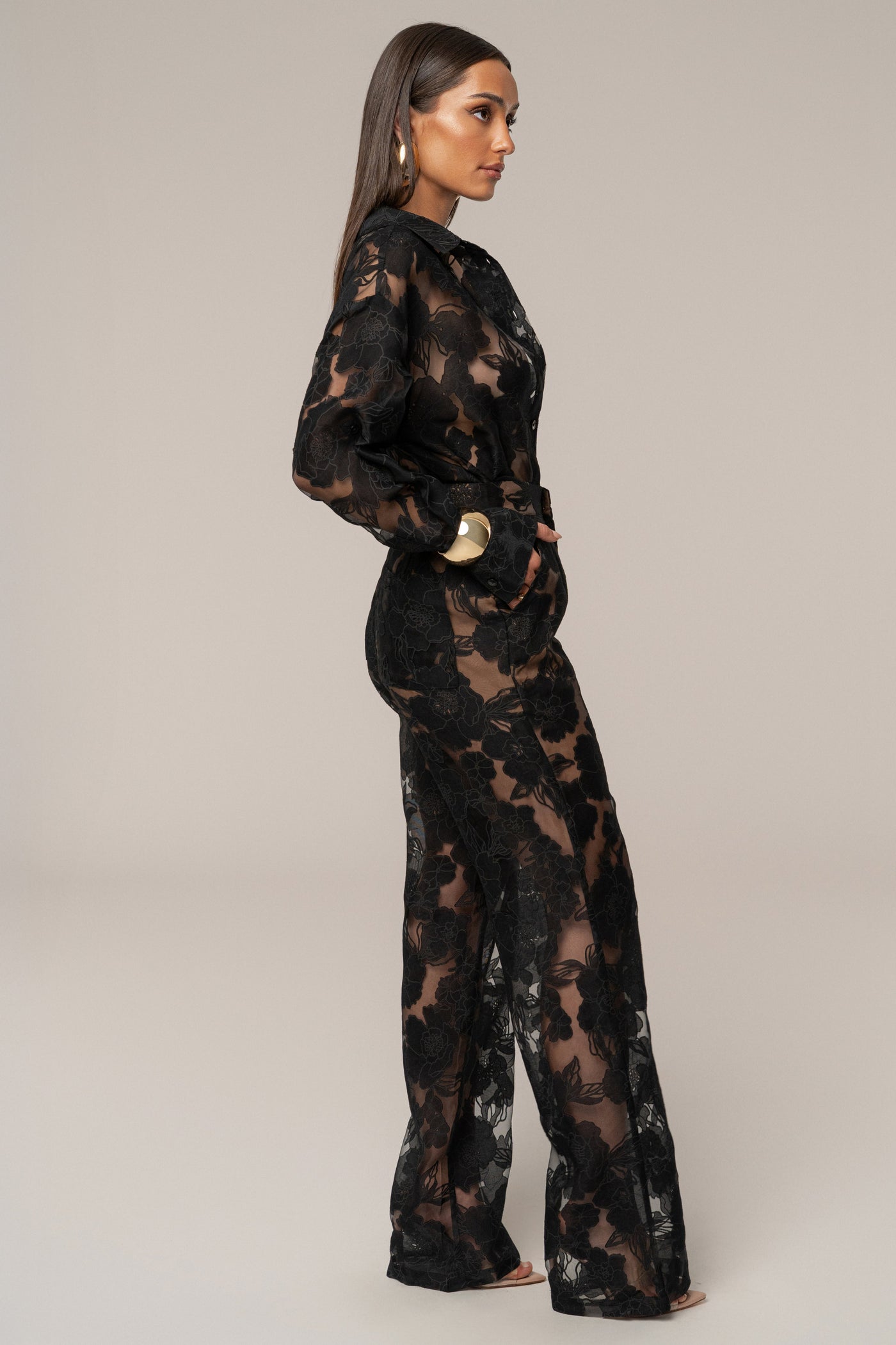 Black Organza Floral Pant - VELIA