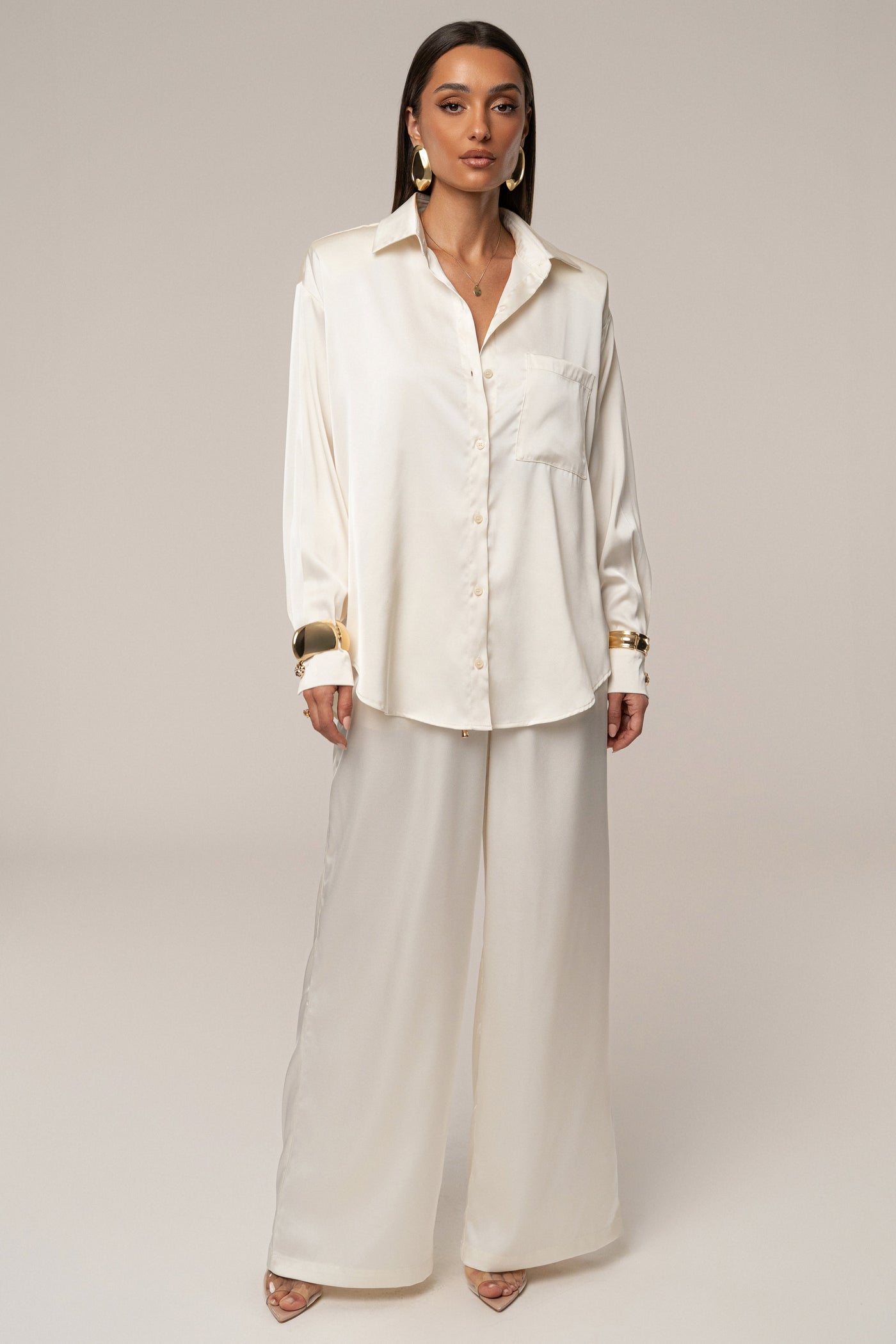 Ivory Island Ease Collared Satin Top - VELIA