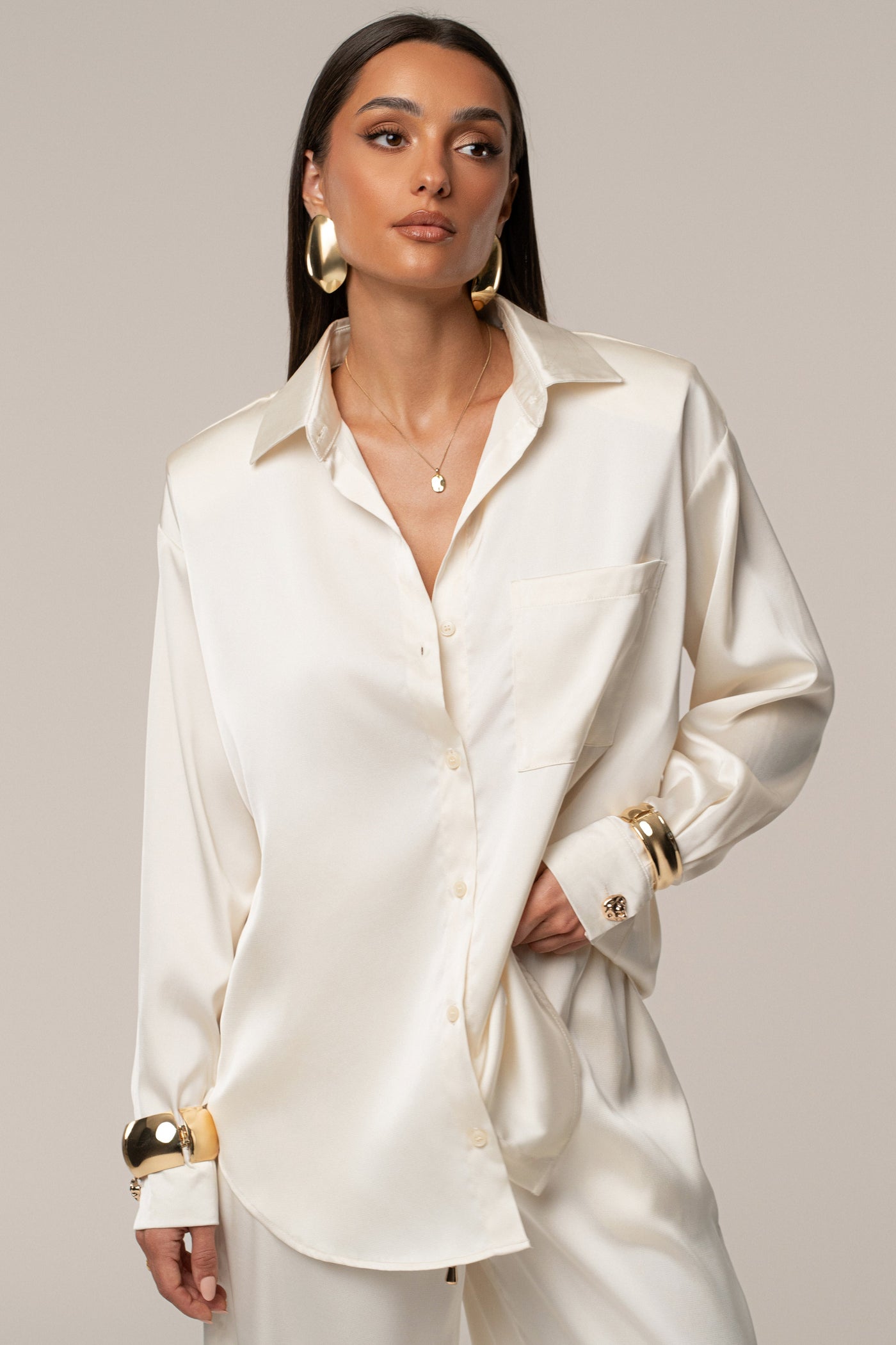 Ivory Island Ease Collared Satin Top - VELIA