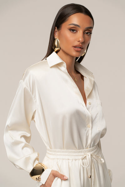 Ivory Island Ease Collared Satin Top - VELIA