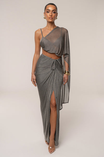 Silver Noelia Metallic Slit Skirt - VELIA