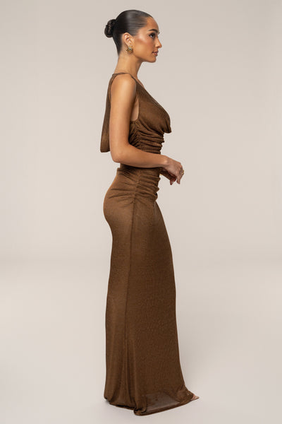 Bronze Charmed Metallic Drape Dress - VELIA
