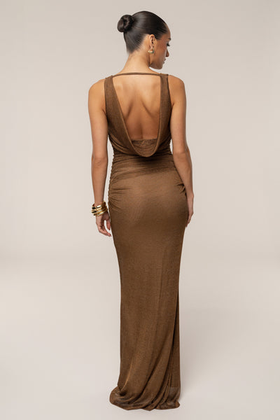 Bronze Charmed Metallic Drape Dress - VELIA