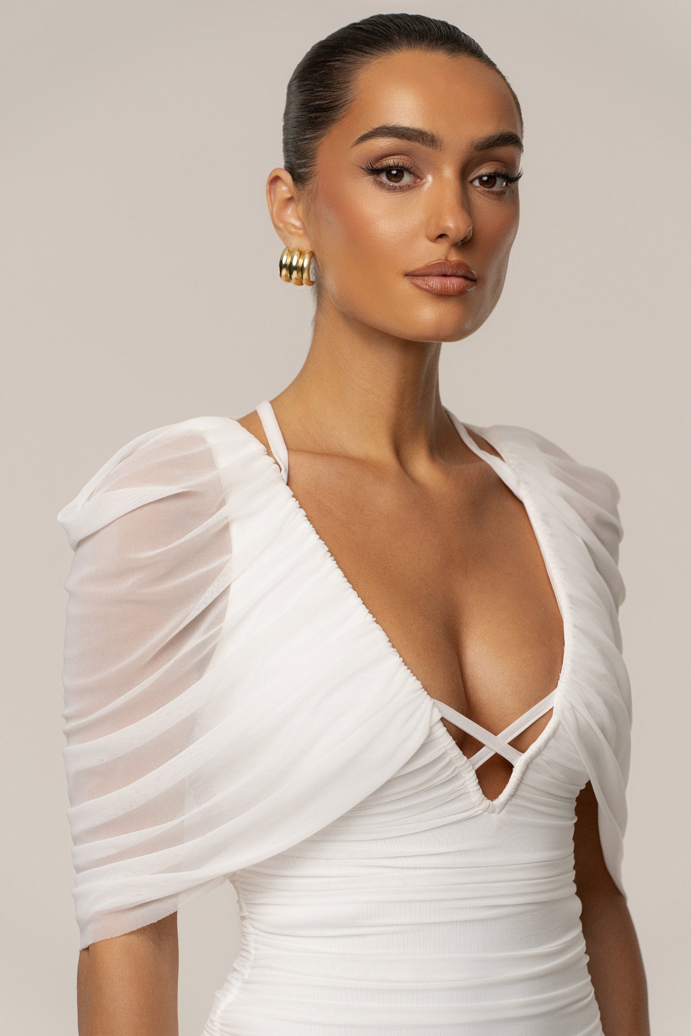 Ivory Timeless Drape Midi Dress - VELIA