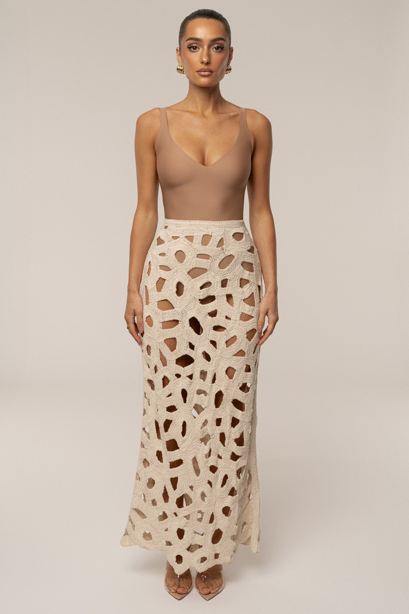 Ecru Coastal Breeze Crochet Maxi Skirt - VELIA