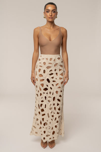 Ecru Coastal Breeze Crochet Maxi Skirt - VELIA